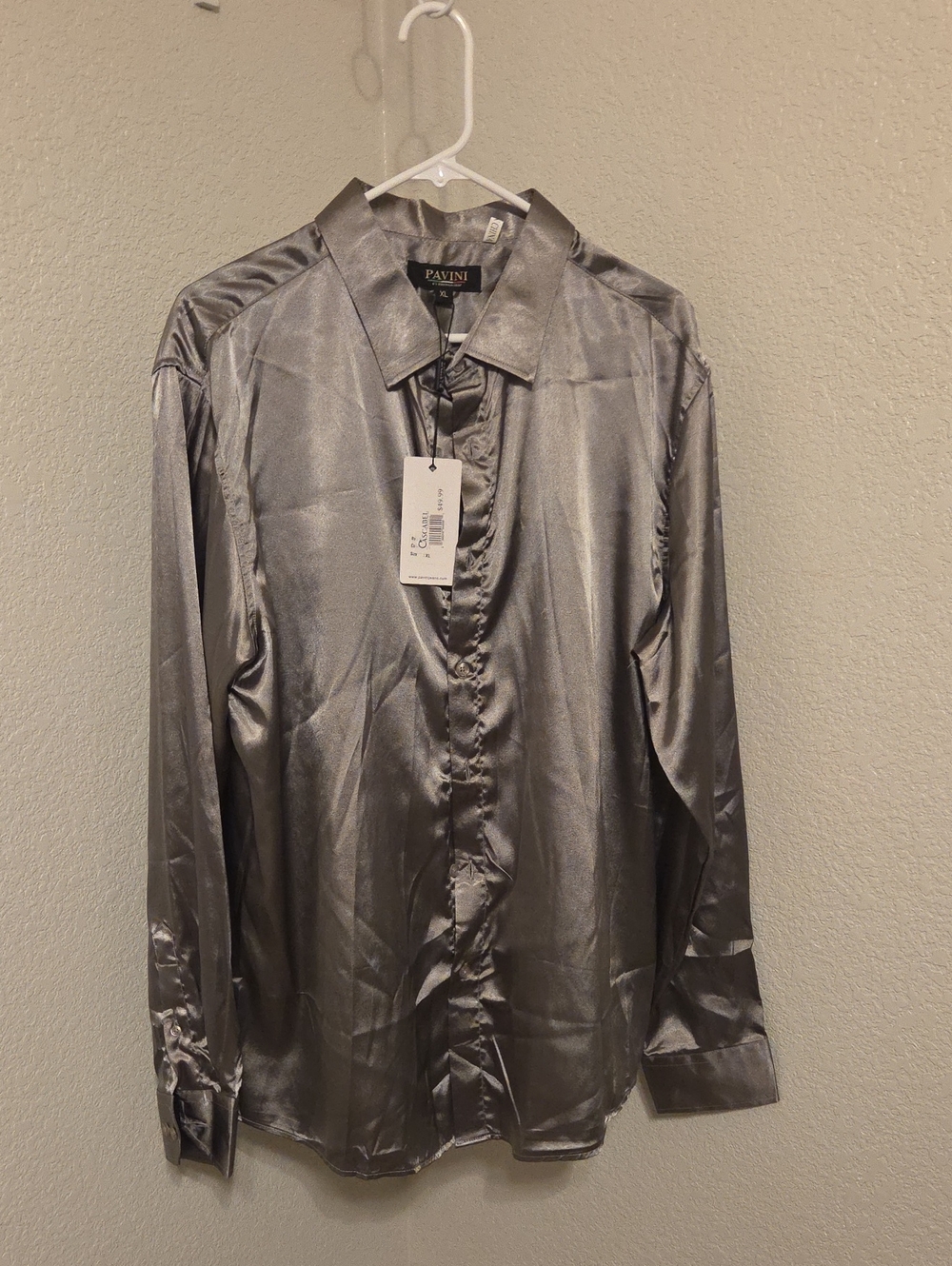 Men's Silver Faux Satin Dress Shirt - Classic Button Front